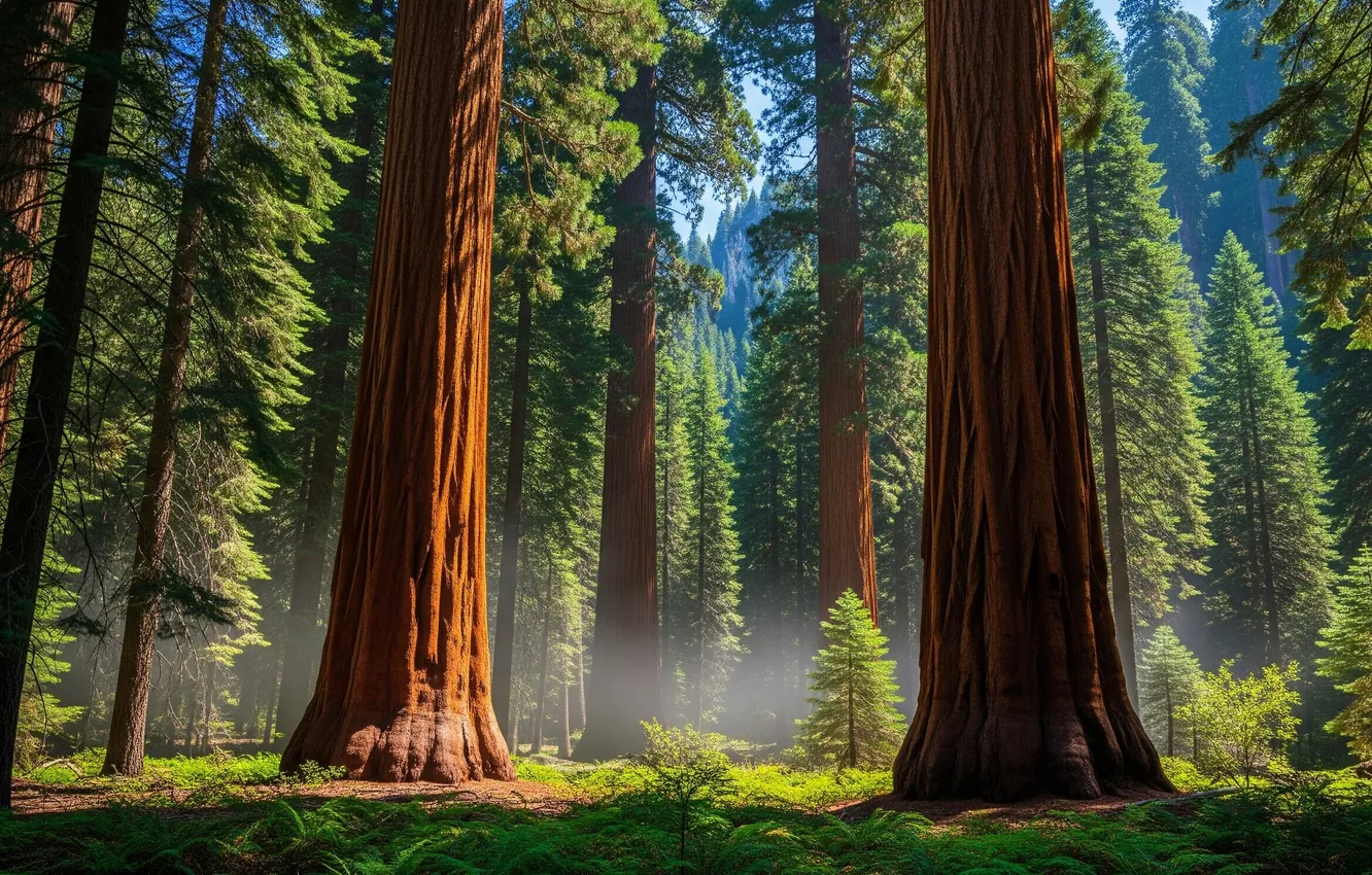 Photo wallpaper forest, the sky, Wallpaper, haze, wallpaper, forest, sky, sequoia