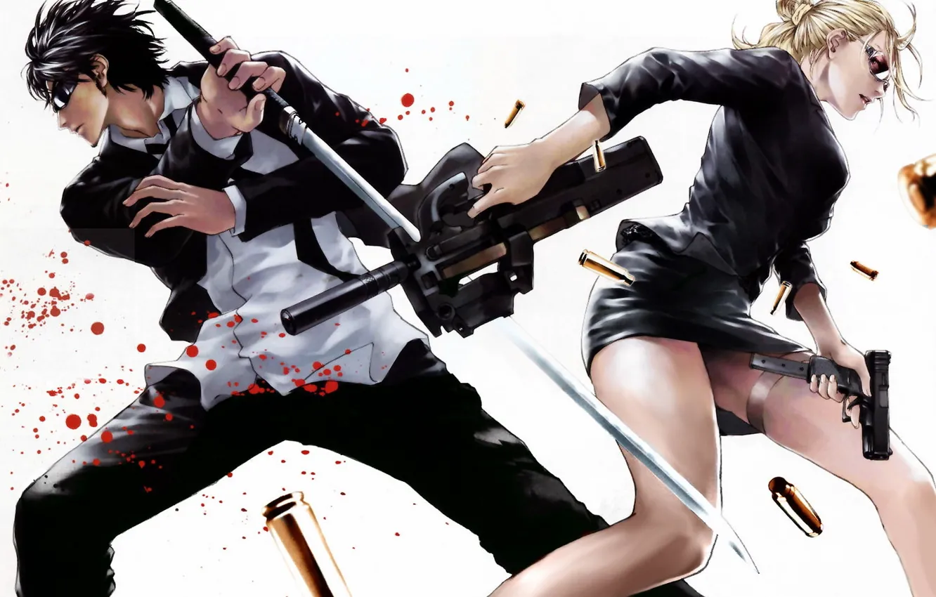 Photo wallpaper weapons, blood, woman, katana, anime, male