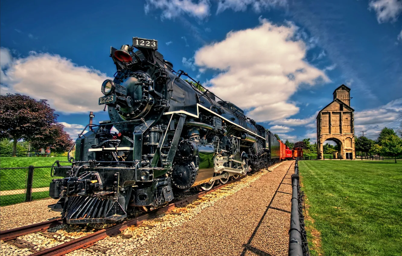 Photo wallpaper tower, railroad, locomotive, Pere Marquette 1223, coal