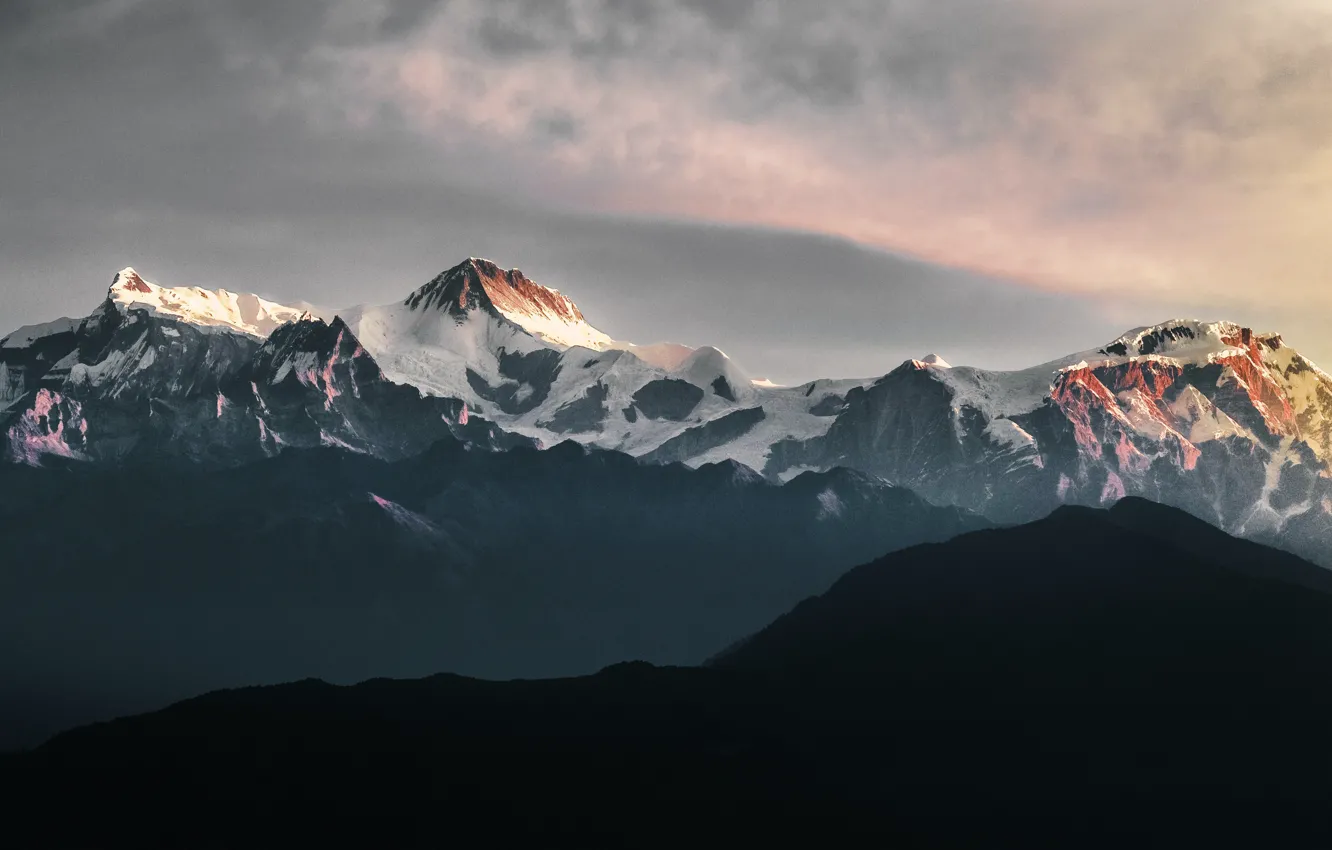 Photo wallpaper the sky, clouds, snow, mountains, clouds, nature, rocks, dawn