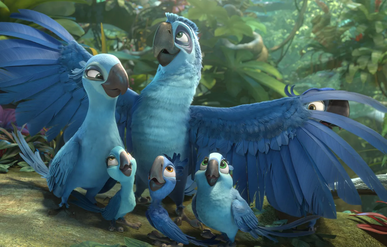 Photo wallpaper wallpaper, forest, fox, blue, birds, Family, movie, woods