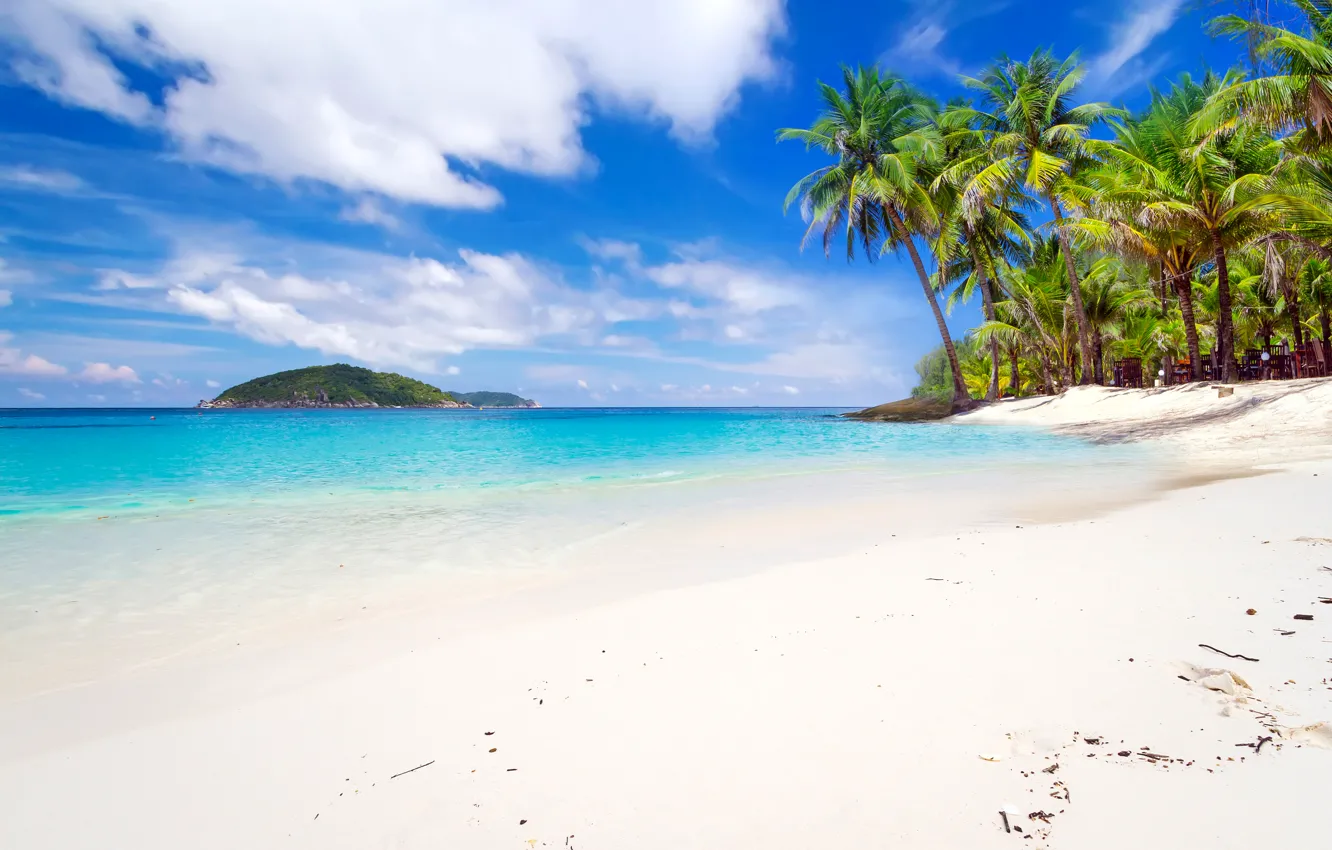 Photo wallpaper sand, sea, beach, the sky, Islands, clouds, tropics, palm trees