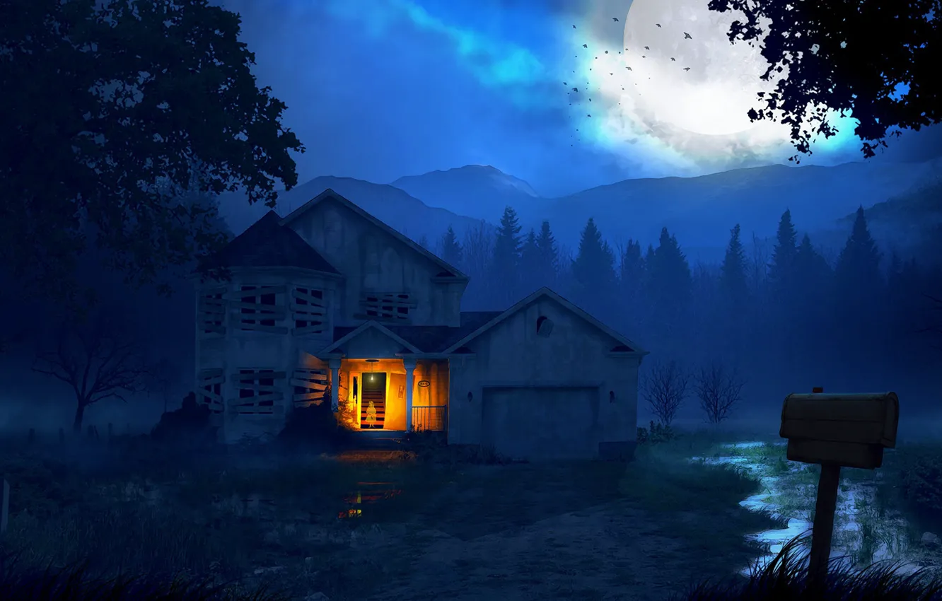 Photo wallpaper forest, mountains, night, house, The house and the ghost