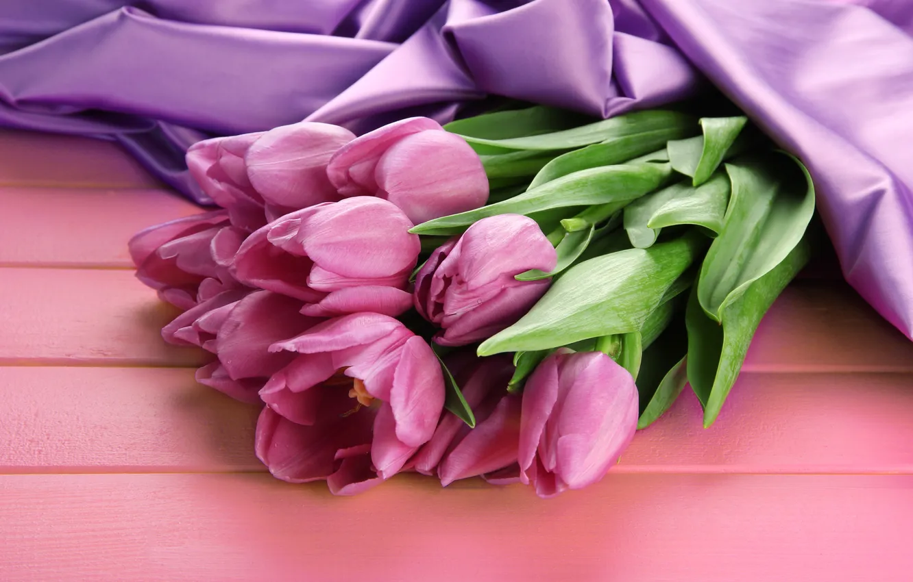 Photo wallpaper flowers, bouquet, tape, tulips, pink, wood, pink, flowers