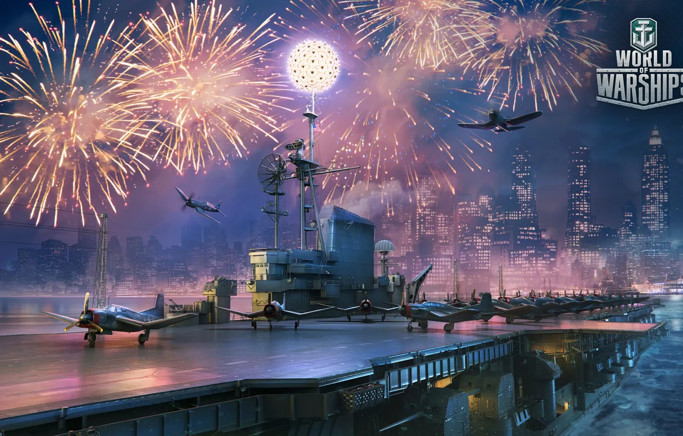 Photo wallpaper the game, fighters, the carrier, aircraft, fireworks, ships, World Of Warship