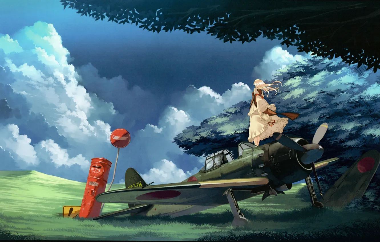 Photo wallpaper grass, clouds, trees, the wind, sign, the plane, long hair, touhou