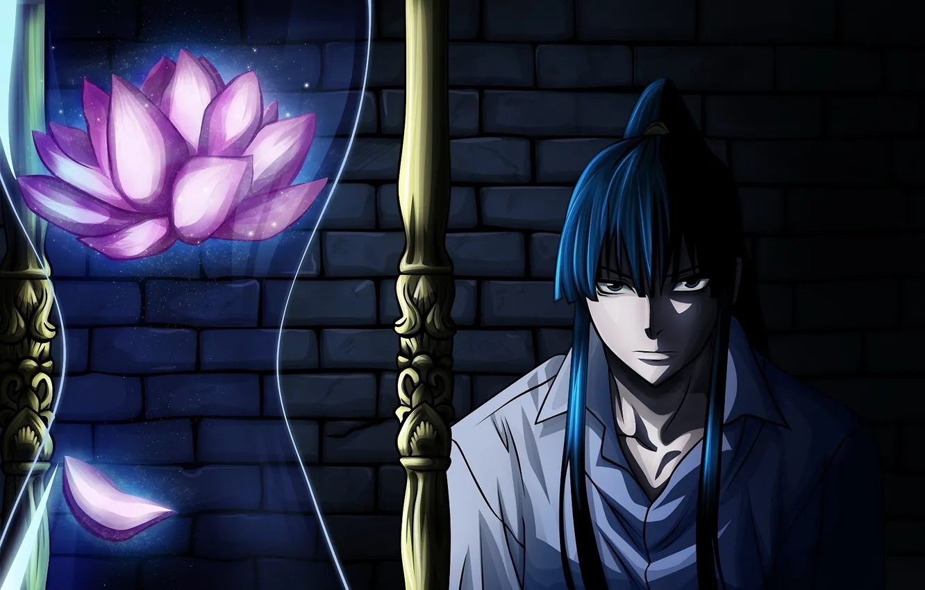 Photo wallpaper flowers, watch, petals, Lotus, shirt, guy, d.gray-man, sand