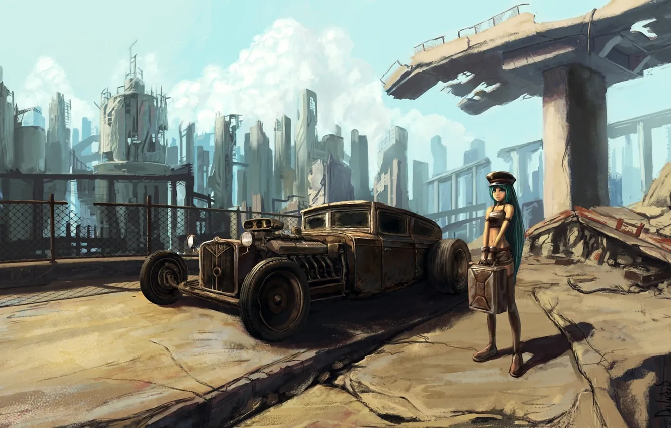 Photo wallpaper machine, the wreckage, girl, the city, canister, ruins, vocaloid, hatsune miku