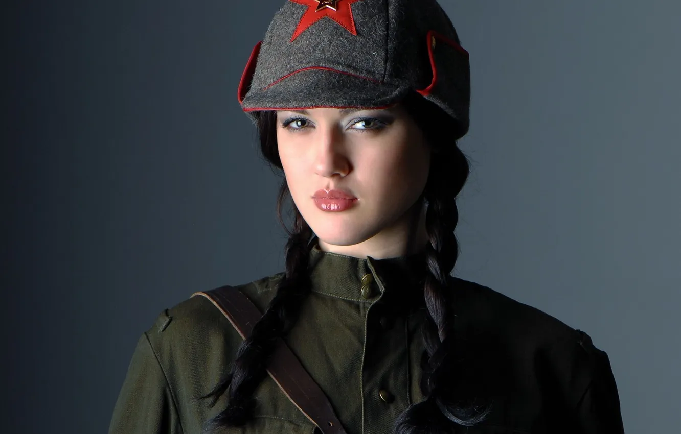 Photo wallpaper girl, stars, red, braids, form, beautiful, military, pretty girl