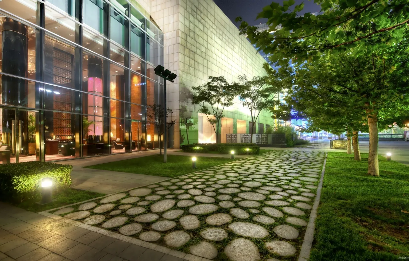 Photo wallpaper greens, trees, street, England, building