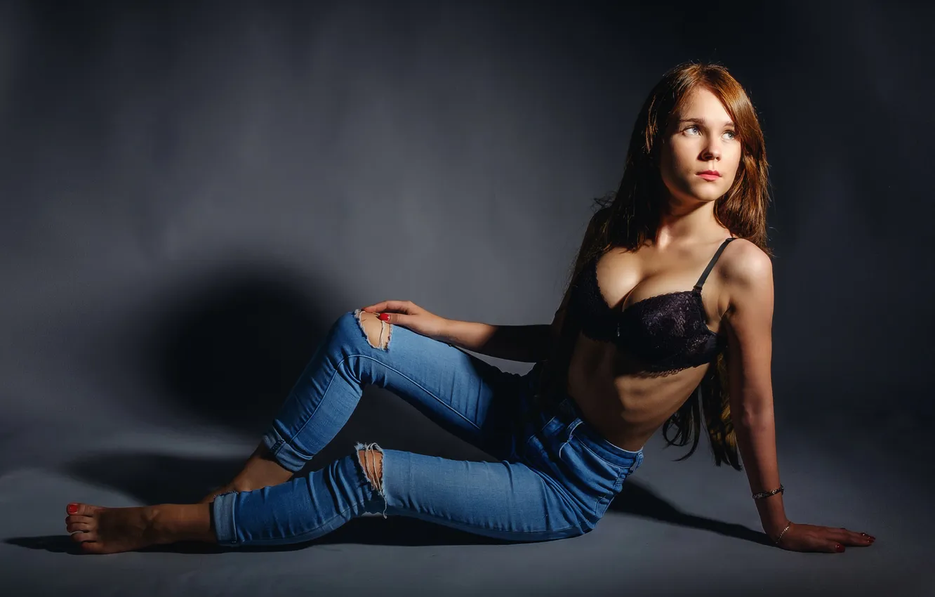 Photo wallpaper girl, studio, barefoot, model, women, jeans, redhead, black bra