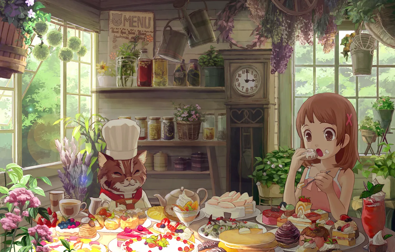 Photo wallpaper cat, flowers, girl, sweets, cake, house, eating, cakes