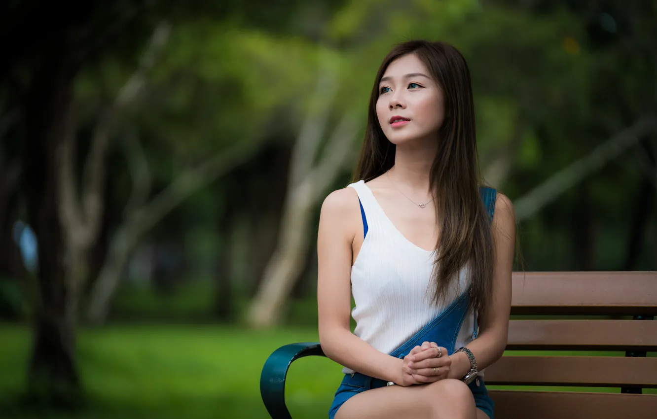 Photo wallpaper Park, Asian, cutie, bench, bokeh, devuska