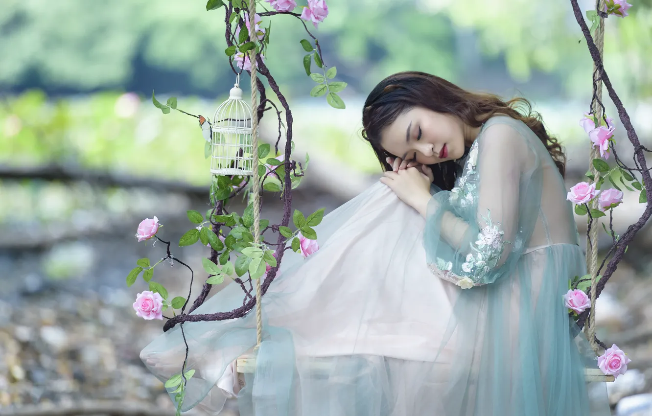 Photo wallpaper girl, roses, Asian
