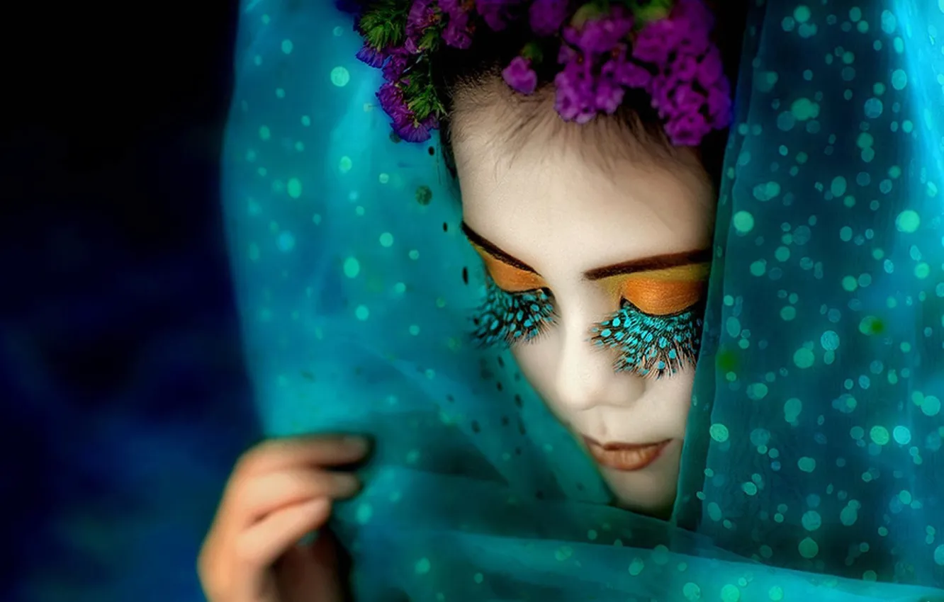 Photo wallpaper girl, flowers, eyelashes, makeup, shawl