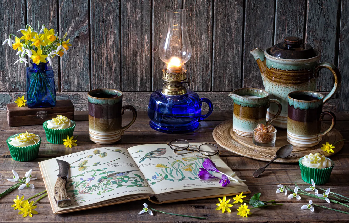 Photo wallpaper flowers, Board, lamp, glasses, snowdrops, knife, crocuses, Cup
