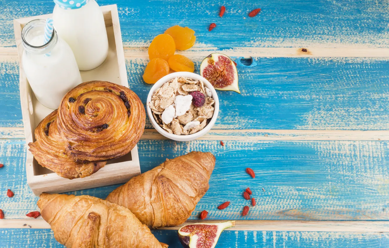 Photo wallpaper food, Breakfast, milk, buns, milk, figs, dried fruits