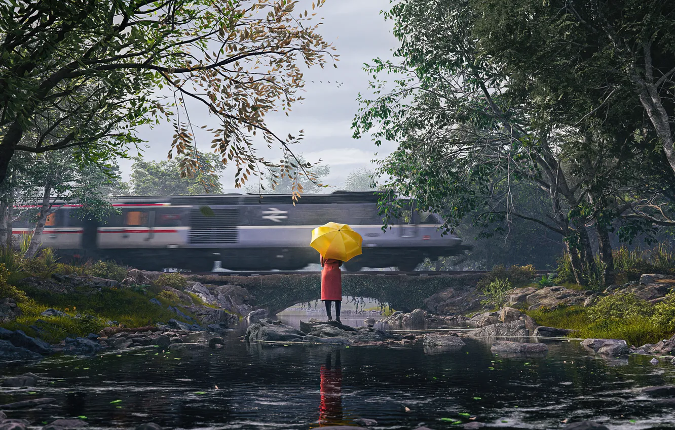 Photo wallpaper forest, umbrella, train, Louis Lin, Everybody Leaves