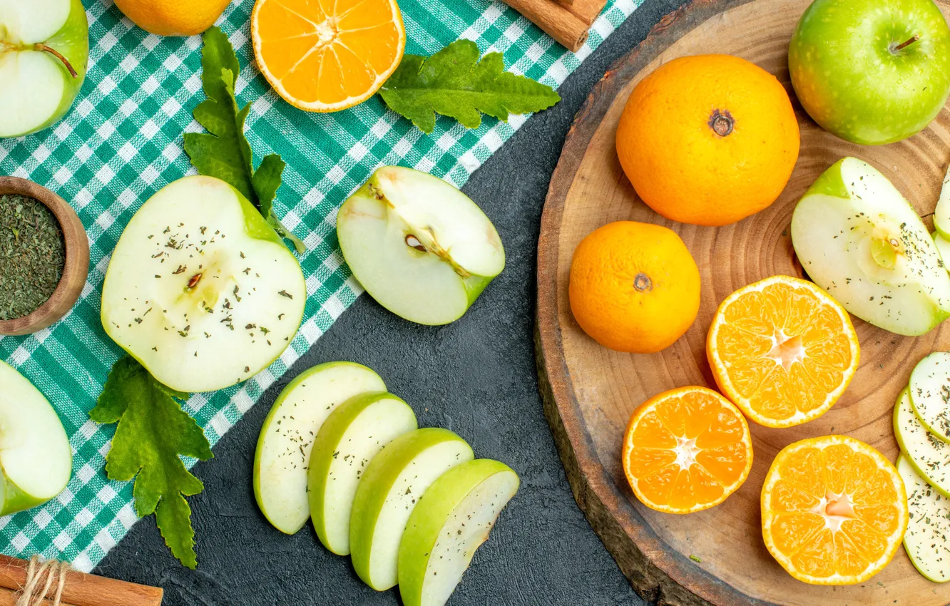 Photo wallpaper leaves, green, table, apples, orange, towel, citrus, fruit