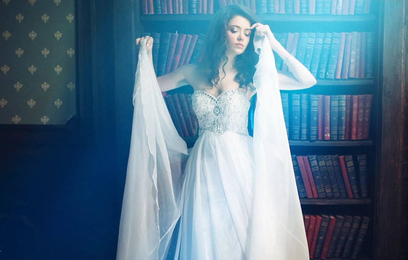 Photo wallpaper girl, pose, books, dress, beautiful, photographer, Ivan Gorokhov