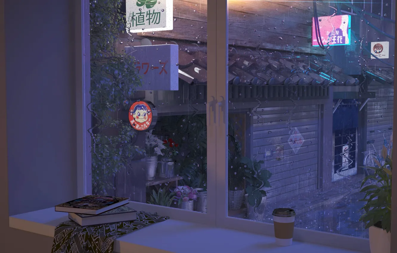 Photo wallpaper drops, trees, flowers, rain, plant, coffee, Japan, large