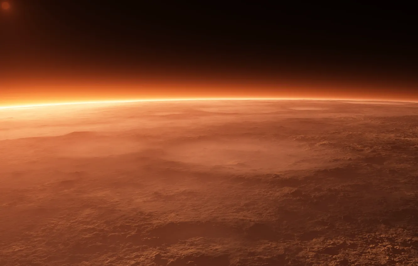 Photo wallpaper surface, sunrise, dust, the atmosphere, horizon, Mars, craters
