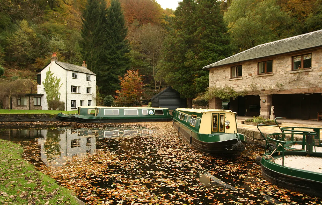 Photo wallpaper Autumn, River, Boats