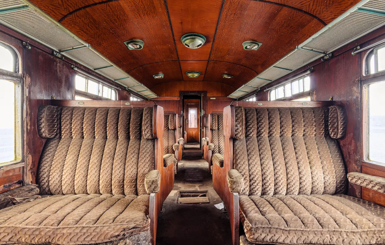 Photo wallpaper wood, train, abandoned, doors, decay, seats, rail cruise