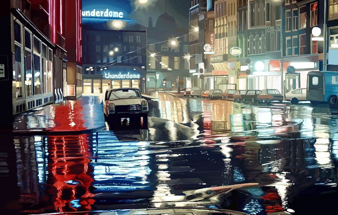 Photo wallpaper road, machine, night, street, puddle, lights