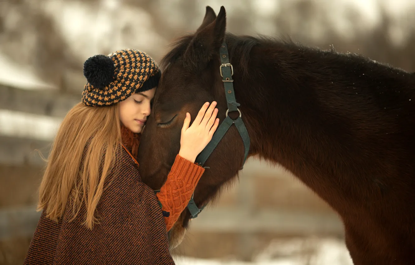 Photo wallpaper winter, animal, horse, horse, girl, teen, Valeria Moroz
