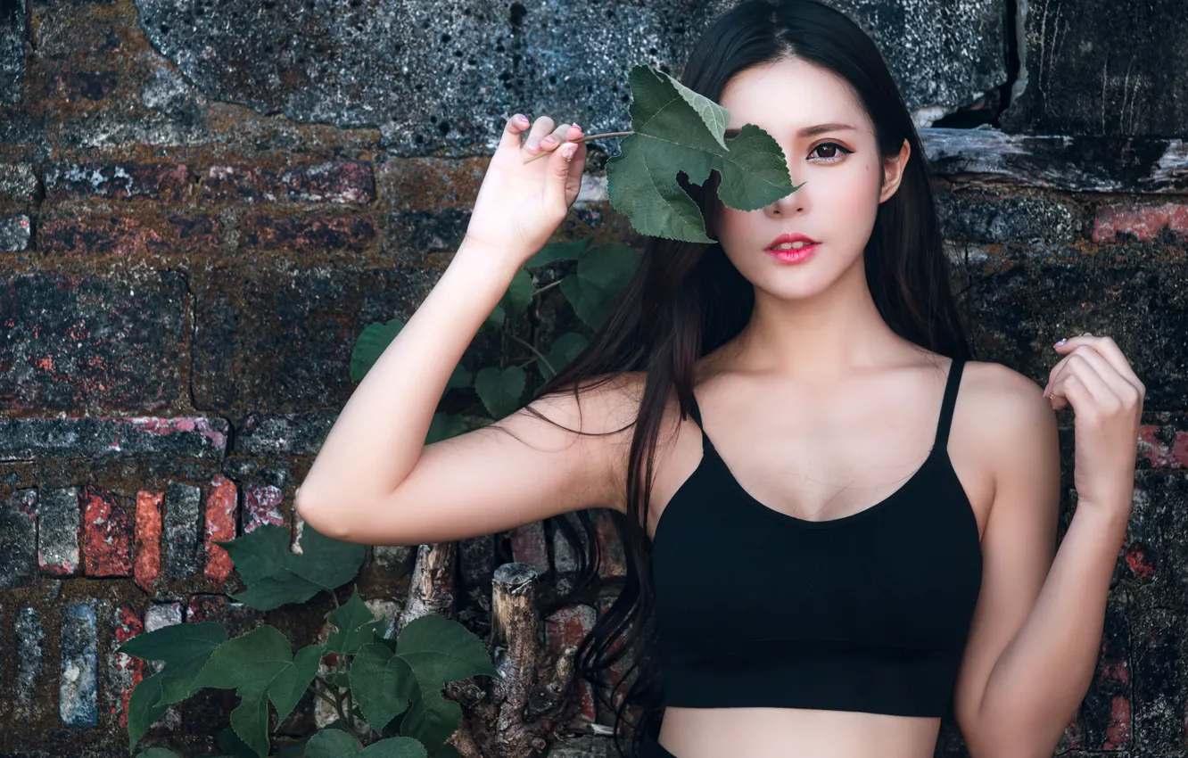 Photo wallpaper look, leaves, pose, model, portrait, makeup, figure, brunette