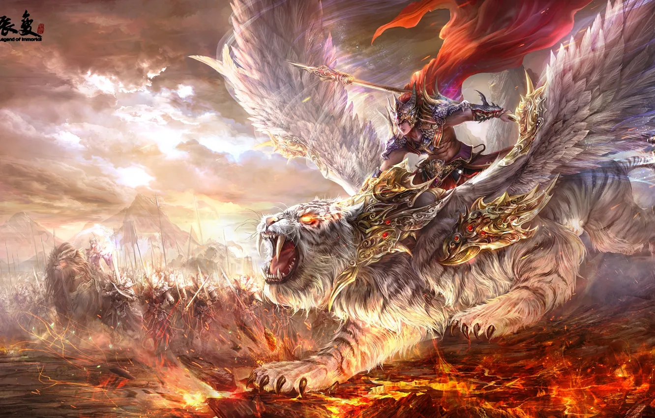 Photo wallpaper tiger, weapons, flame, magic, wings, Warrior, grin, army