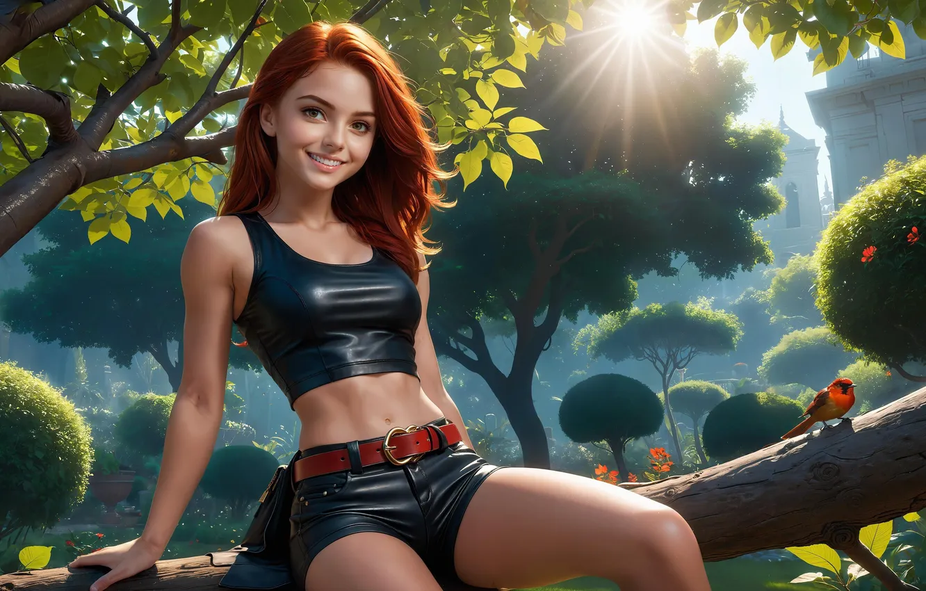 Photo wallpaper girl, smile, leather, clothes, AI Art