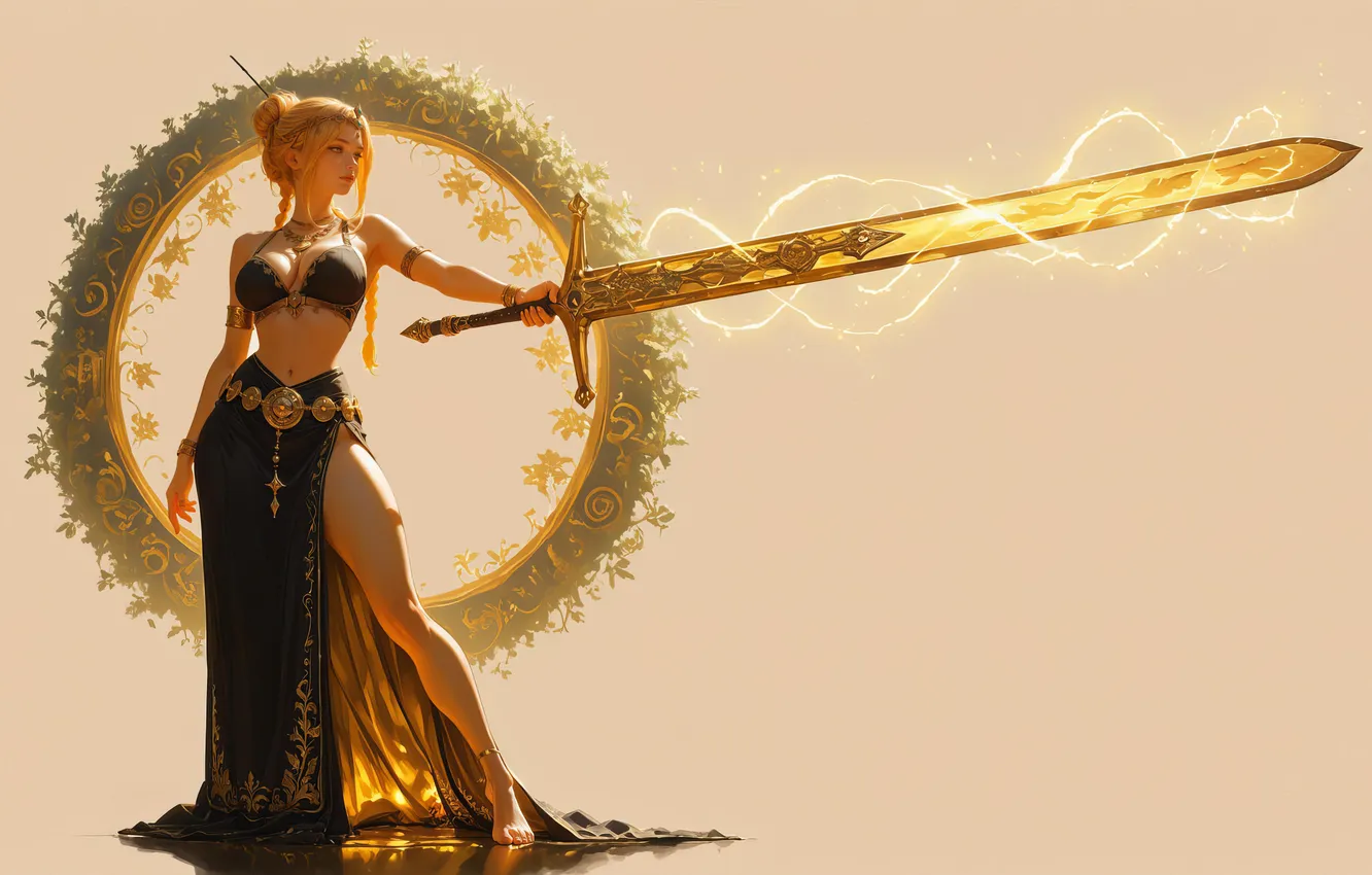 Photo wallpaper magic, sword, legs, gesture, digital art, digital art, pastel colors, artificial intelligence