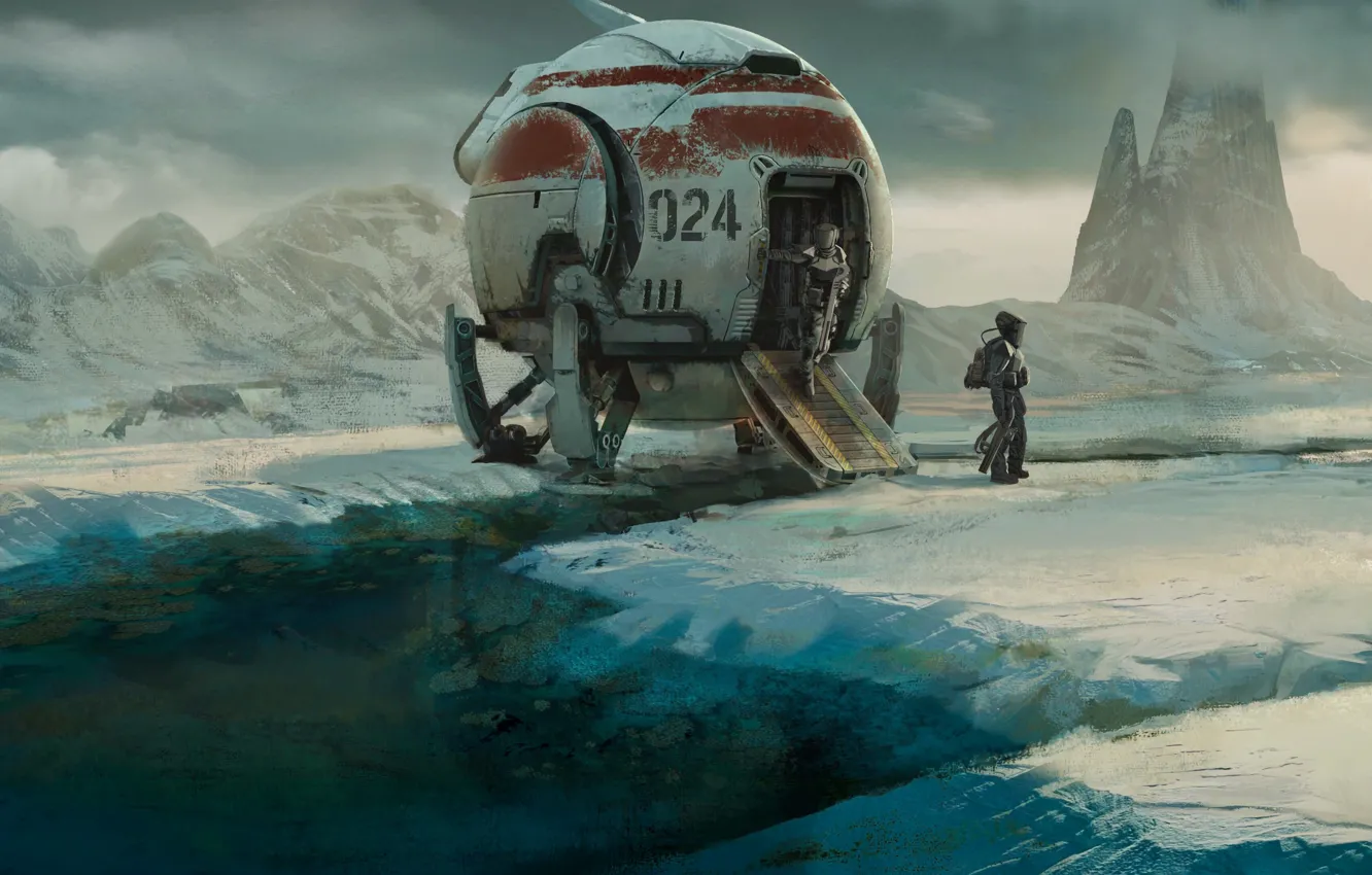 Photo wallpaper ice, fantasy, science fiction, mountains, snow, spaceship, sci-fi, planet