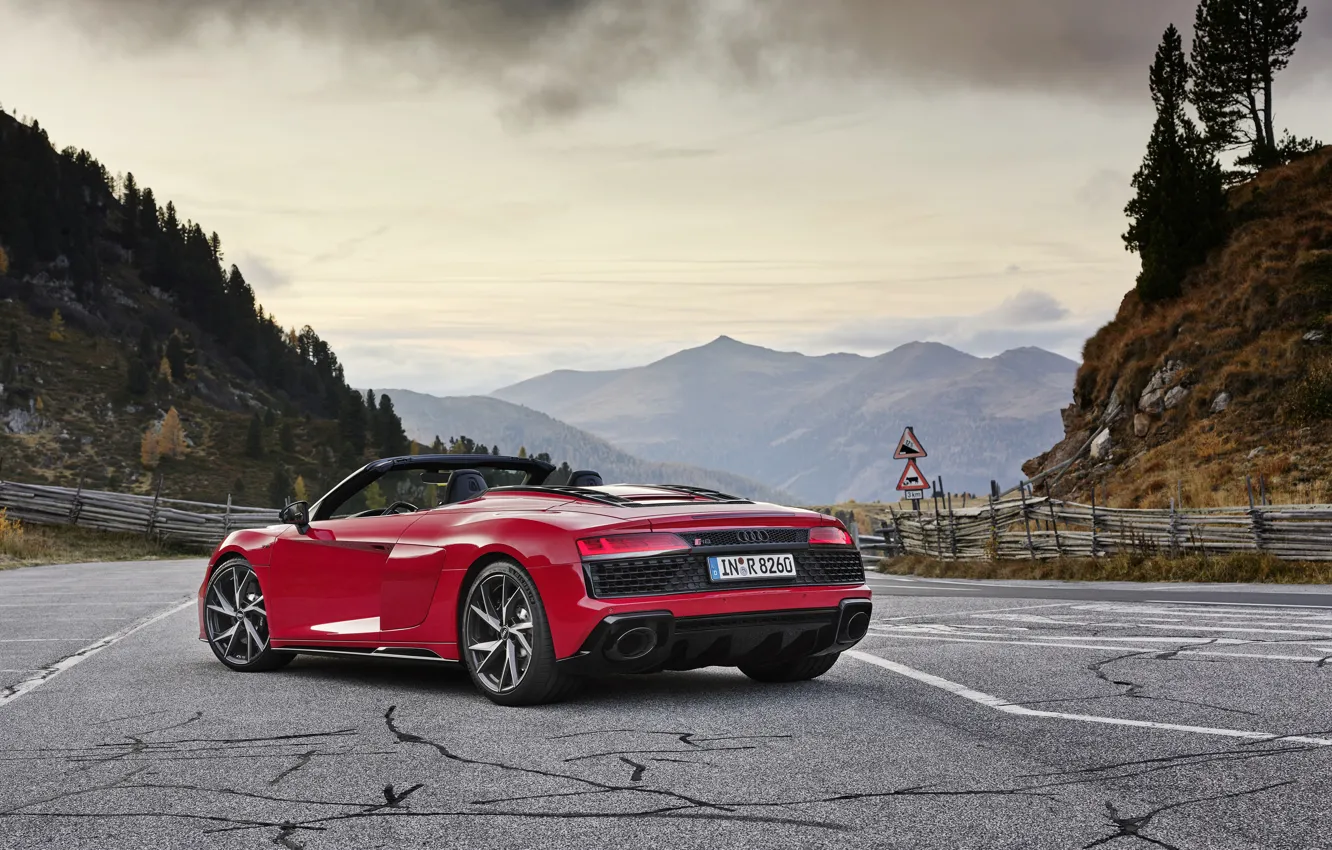 Photo wallpaper mountains, Audi, Audi R8, rear view, Spyder, V10, 2020, RWD