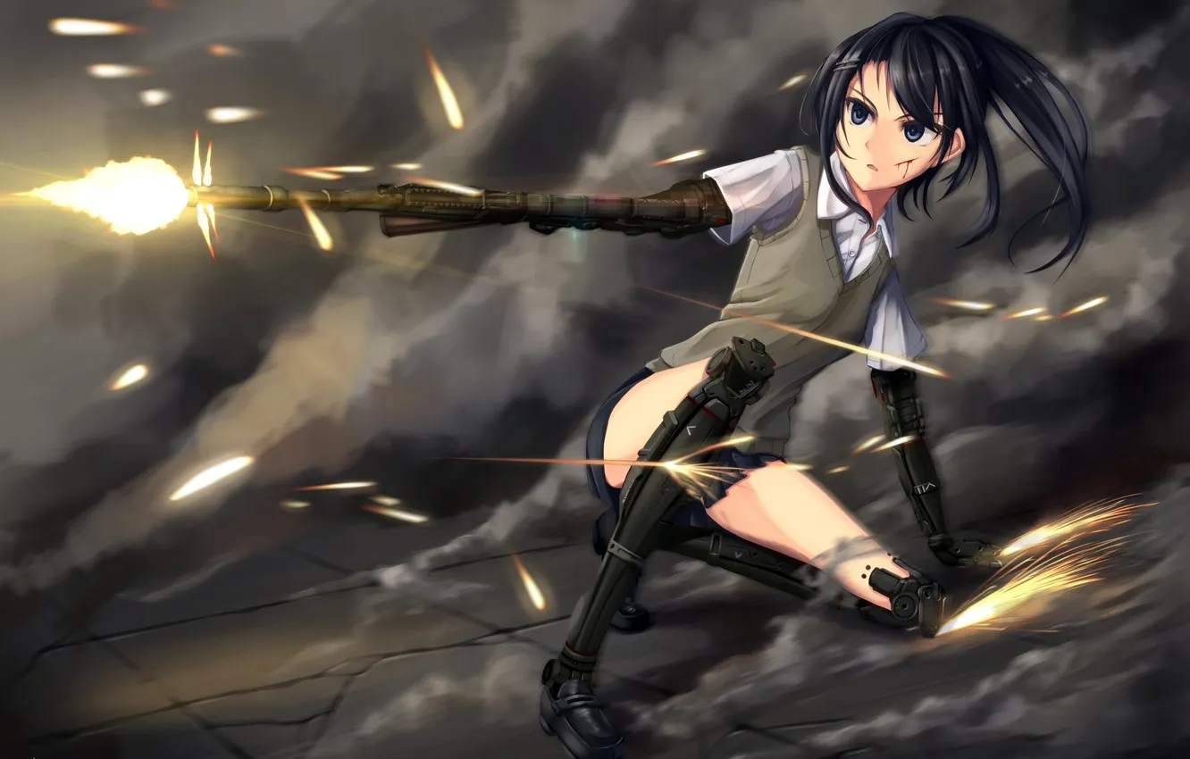 Photo wallpaper girl, weapons, blood, robot, anime, art, scratches, form