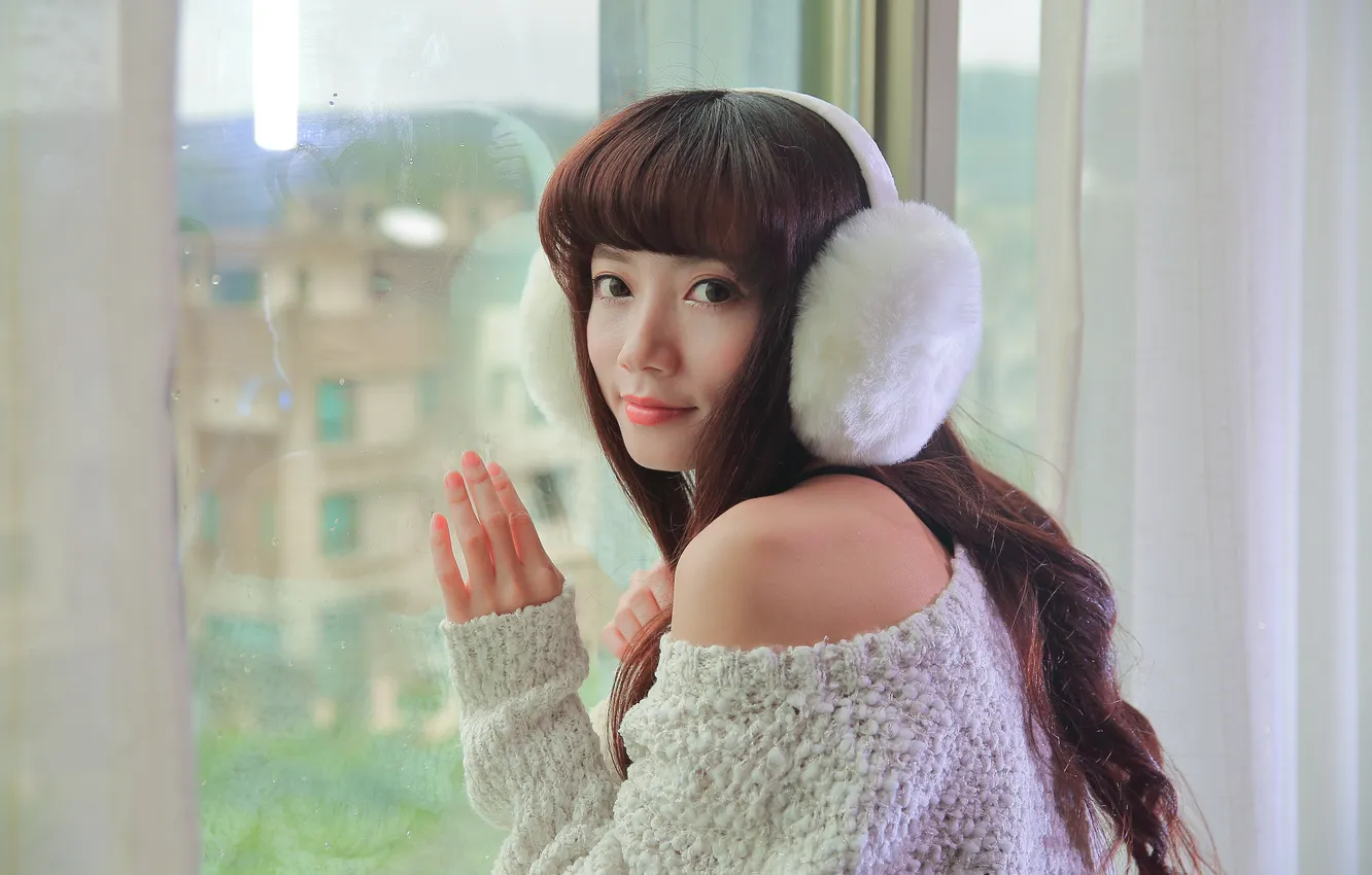 Photo wallpaper look, girl, face, headphones