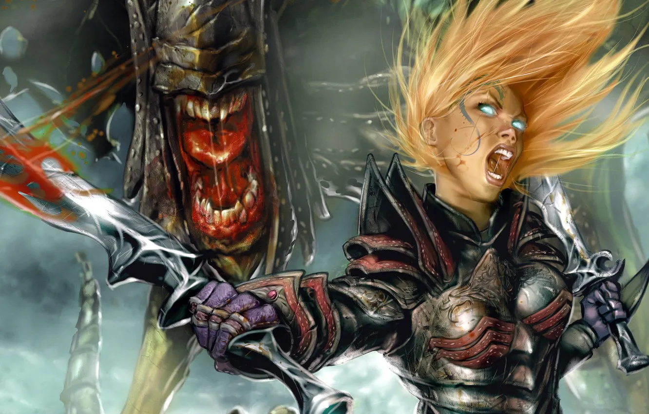 Photo wallpaper eyes, girl, weapons, blood, monster, sword, armor, art