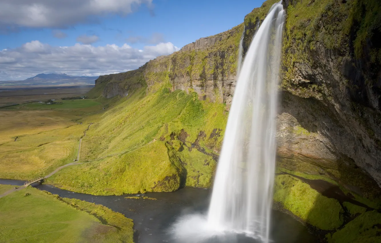 Photo wallpaper mountains, bridge, nature, river, waterfall, Iceland