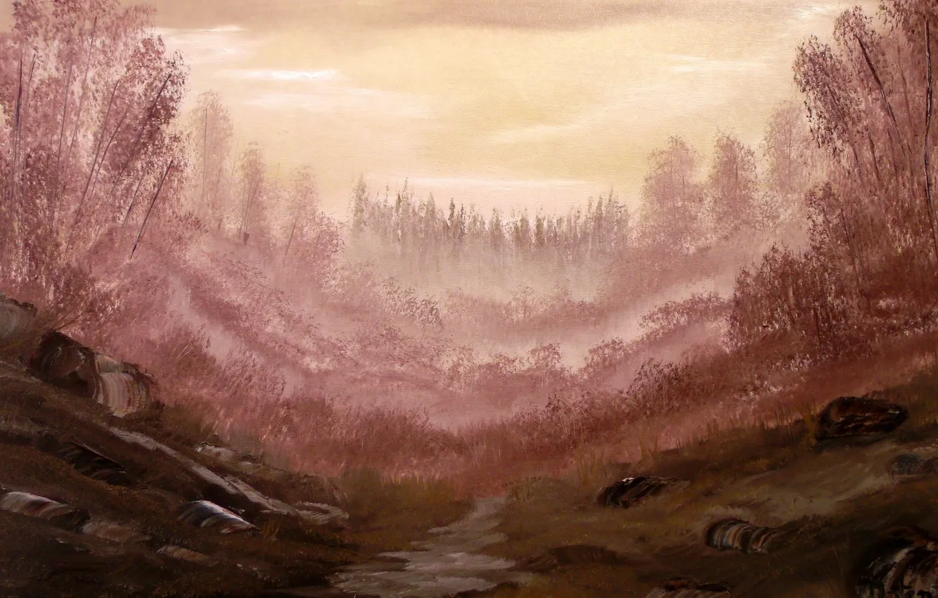 Photo wallpaper trees, river, stones, painted landscape