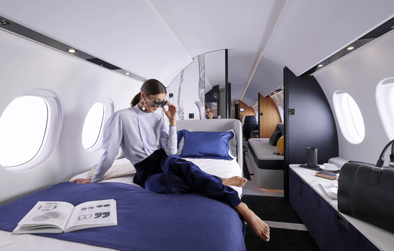 Photo wallpaper girl, pose, model, bed, the plane, air, business jet, Dassault Aviation