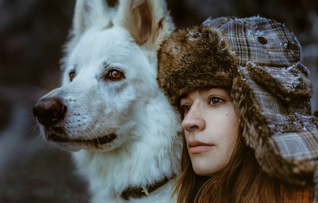 Photo wallpaper girl, face, each, dog, hat
