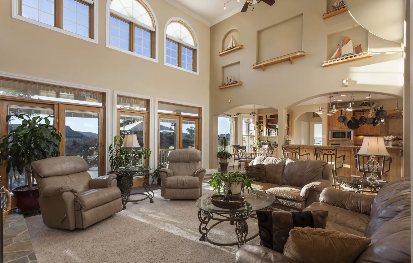 Photo wallpaper interior, chair, window, table, living room