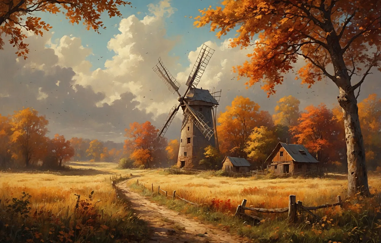 Photo wallpaper field, autumn, clouds, trees, landscape, branches, nature, fog