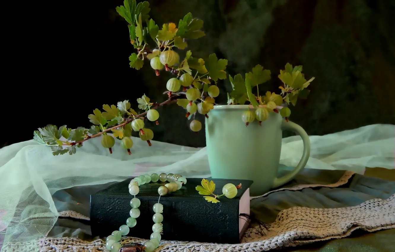 Photo wallpaper Cup, beads, book, gooseberry