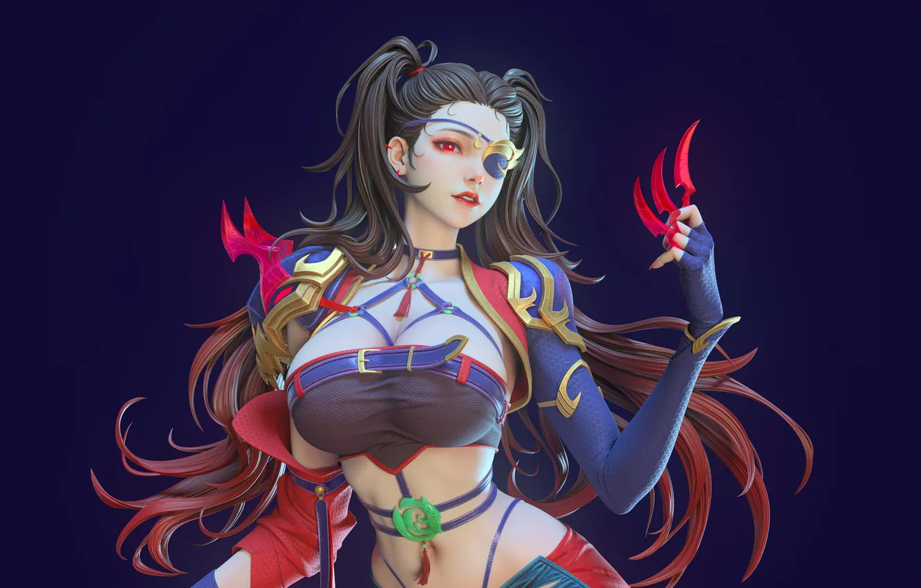 Photo wallpaper twintails, women, CGI, eyepatches, Sai Wan, harness bra