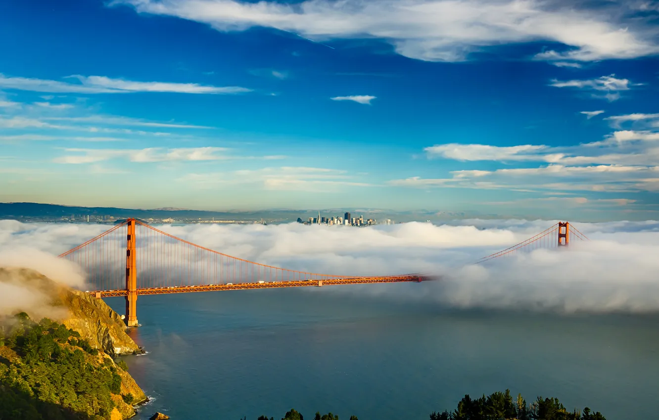 Photo wallpaper the sky, clouds, bridge, the city, fog, Bay, San Francisco, Golden gate
