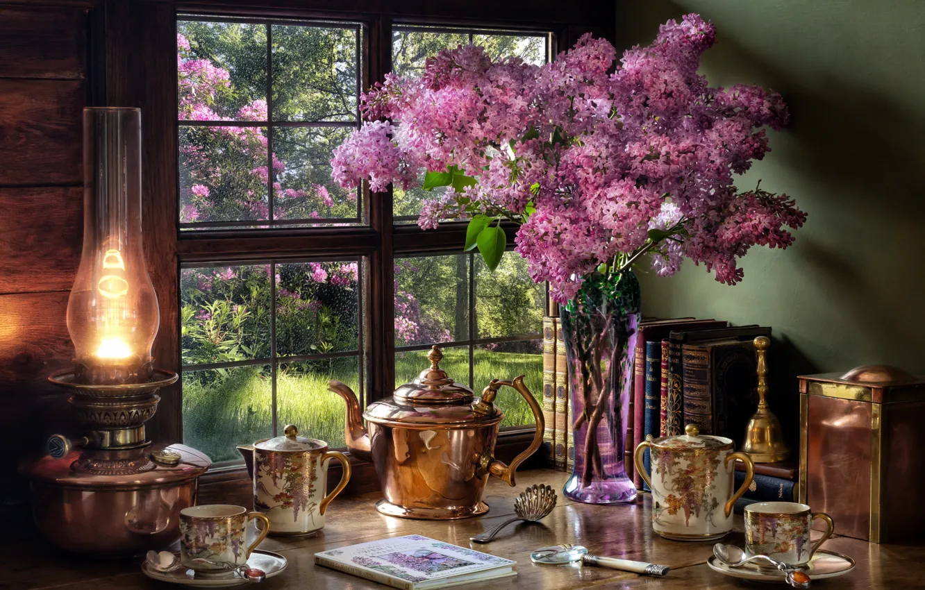 Photo wallpaper style, books, lamp, kettle, window, Cup, vase, still life