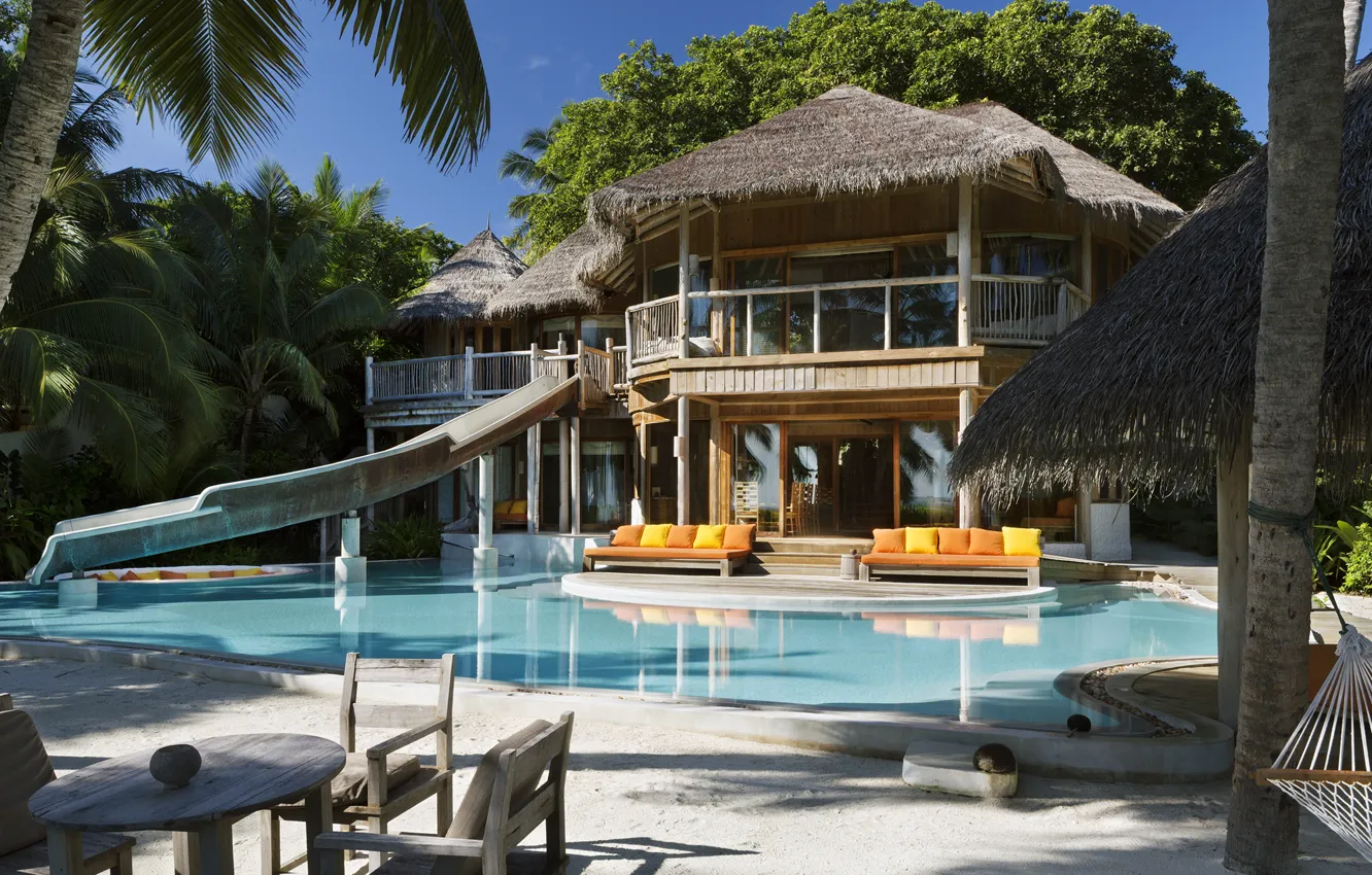Photo wallpaper palm trees, Villa, pool, The Maldives, terrace, Maldives, Soneva Fushi